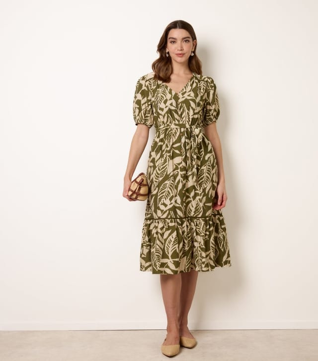 Blue Vanilla Women's Dark Khaki Leaf Print Button Detail Midi Dress Blue Vanilla New Look - 3
