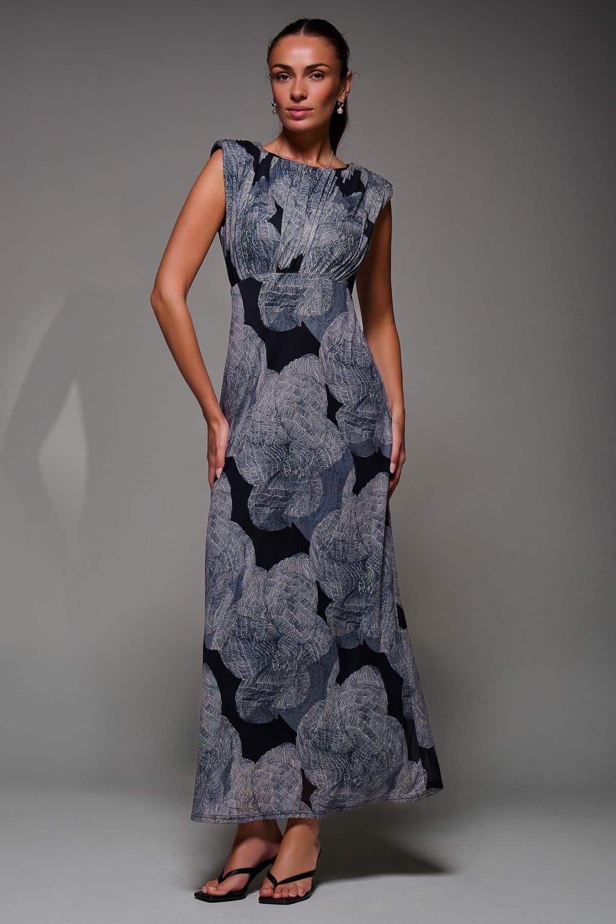 Jolie Moi Jolie Moi Women's Slash Neck Fit & Flare Mesh Maxi Dress in Dark Grey