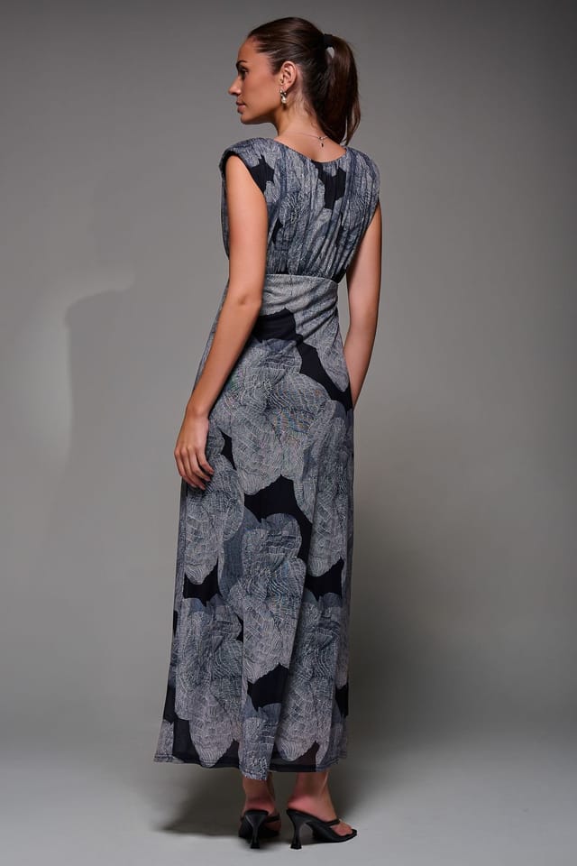 Jolie Moi Jolie Moi Women's Slash Neck Fit & Flare Mesh Maxi Dress in Dark Grey - 2