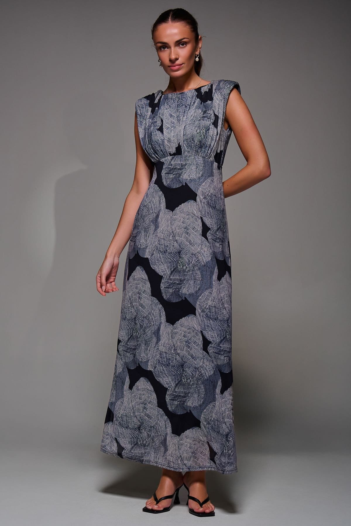 Jolie Moi Jolie Moi Women's Slash Neck Fit & Flare Mesh Maxi Dress in Dark Grey - 4