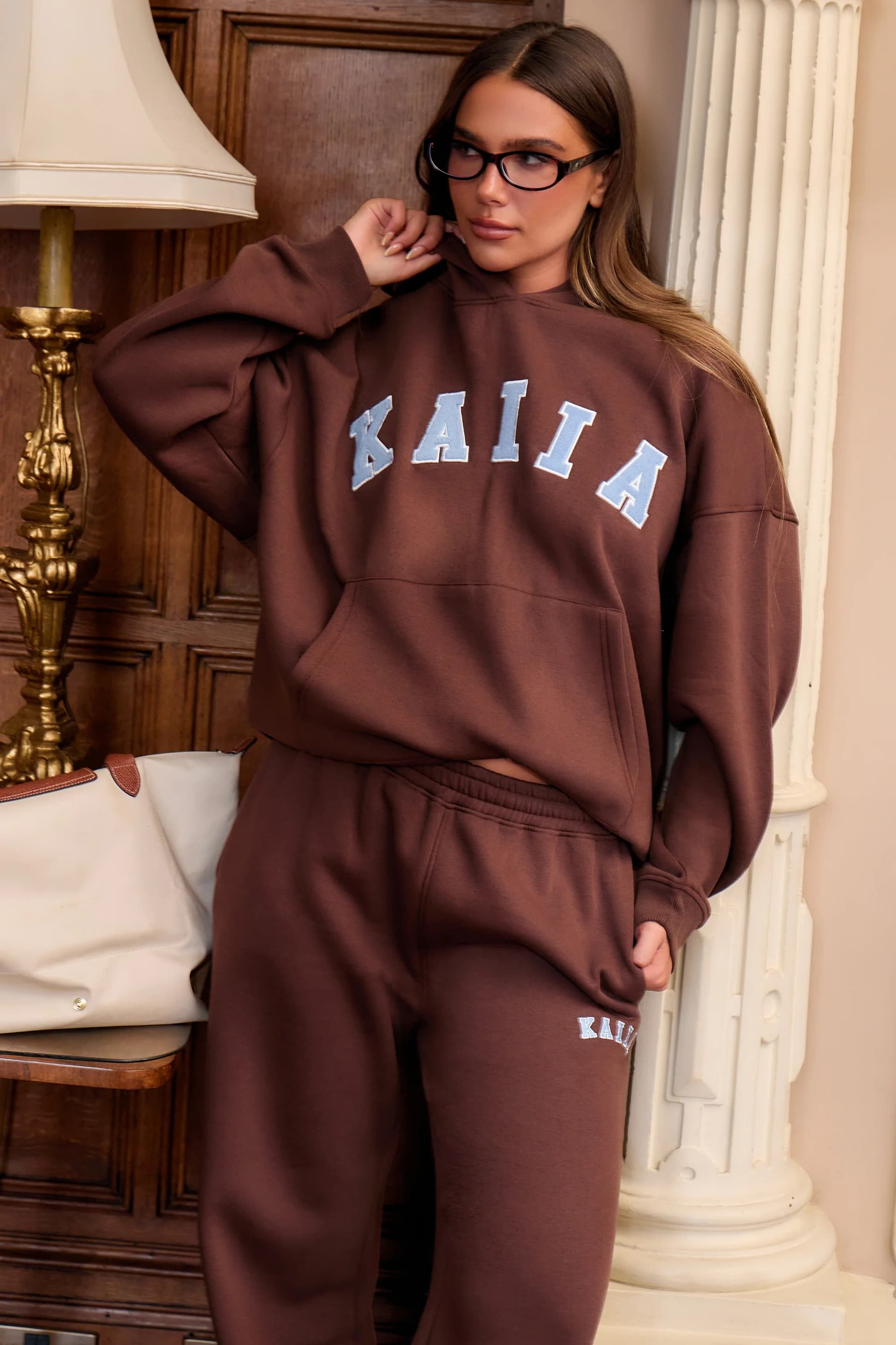 Kaiia Kaiia Slogan Oversized Hoodie Brown & Light Blue