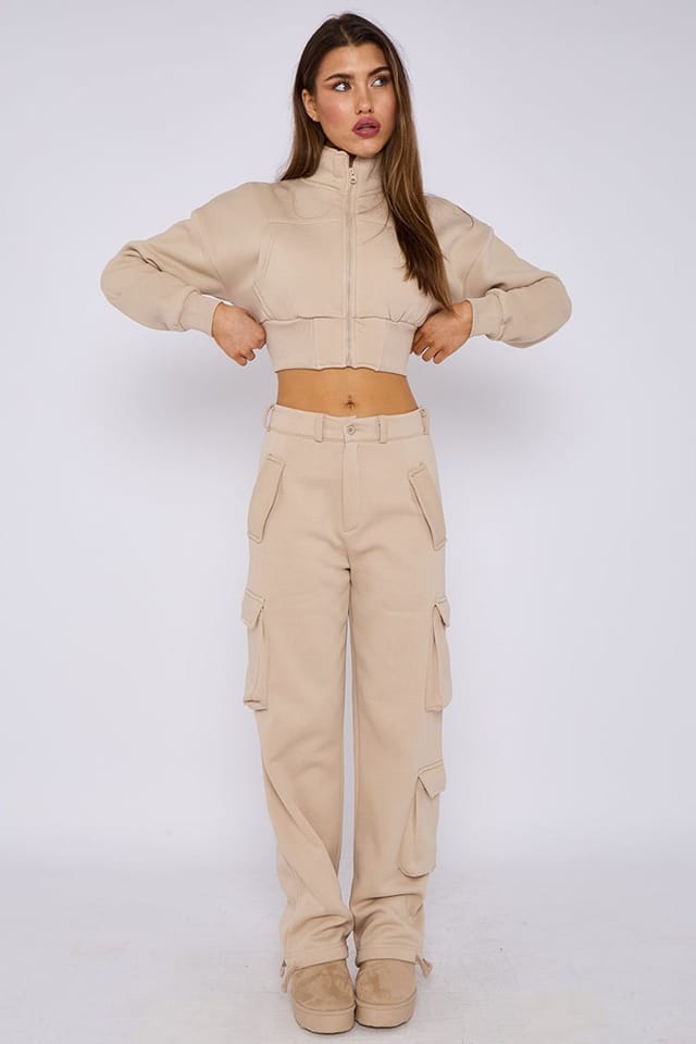 STYLEWISE STYLEWISE Women's Cropped Zip Sweatshirt & Cargo Trouser Tracksuit Co-ord in Ecru - 2