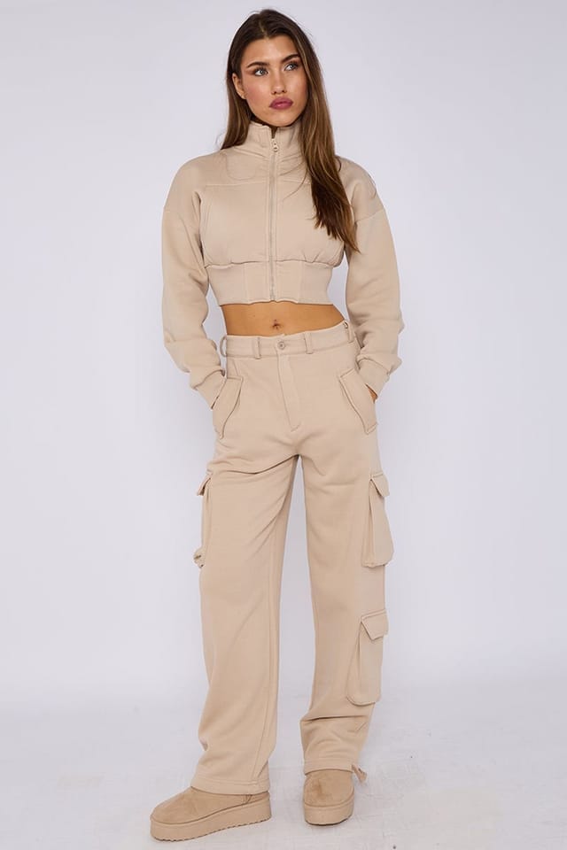STYLEWISE STYLEWISE Women's Cropped Zip Sweatshirt & Cargo Trouser Tracksuit Co-ord in Ecru - 3