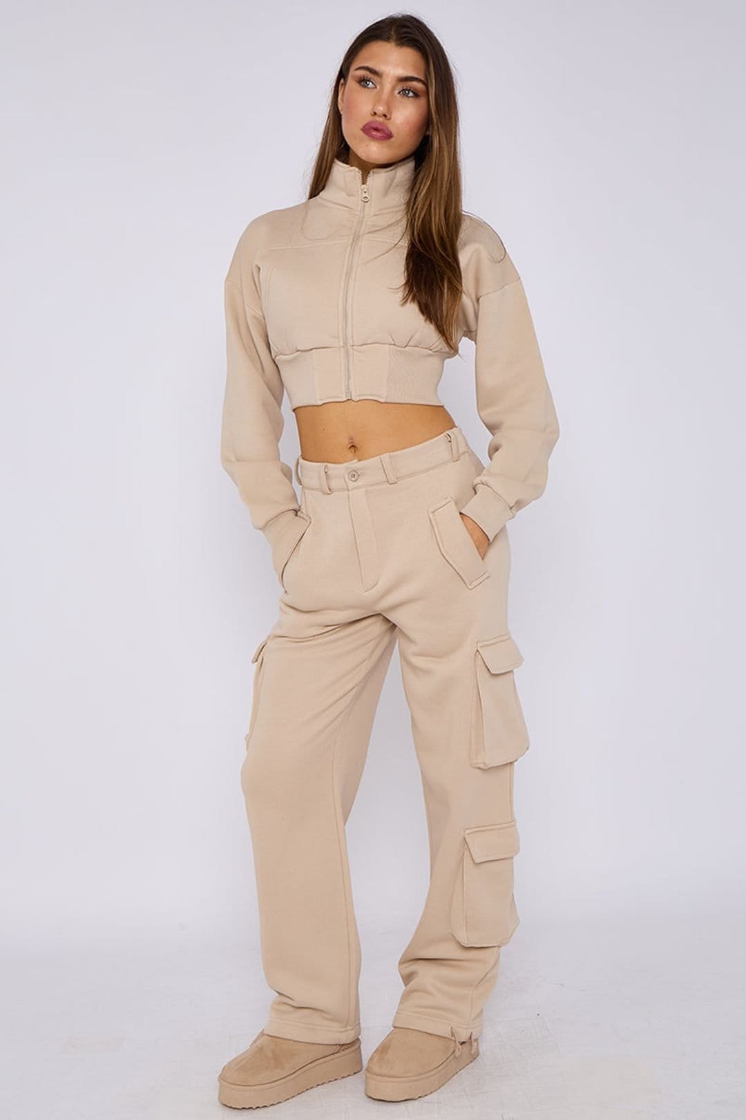STYLEWISE STYLEWISE Women's Cropped Zip Sweatshirt & Cargo Trouser Tracksuit Co-ord in Ecru - 4
