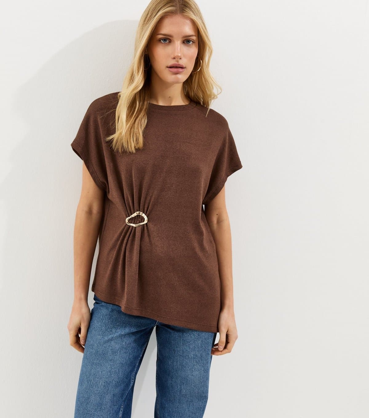 New Look Women's Dark Brown Textured Soft Touch Buckle Detail Top New Look