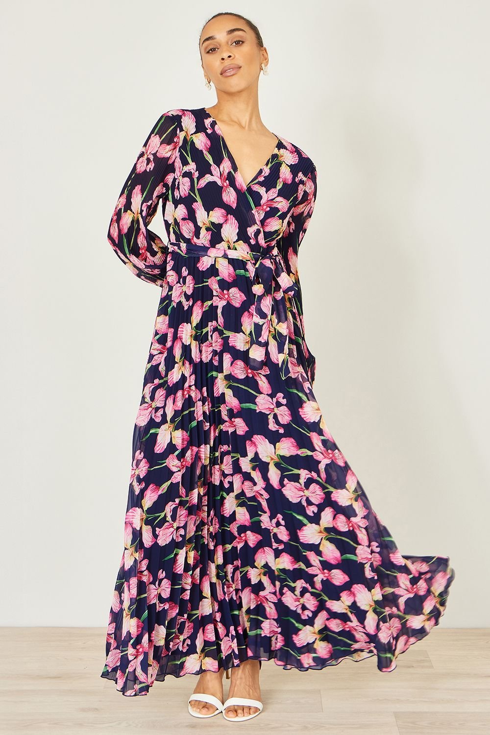 Yumi Yumi Women's Navy Orchid Floral Pleated Wrap Maxi Dress - 4