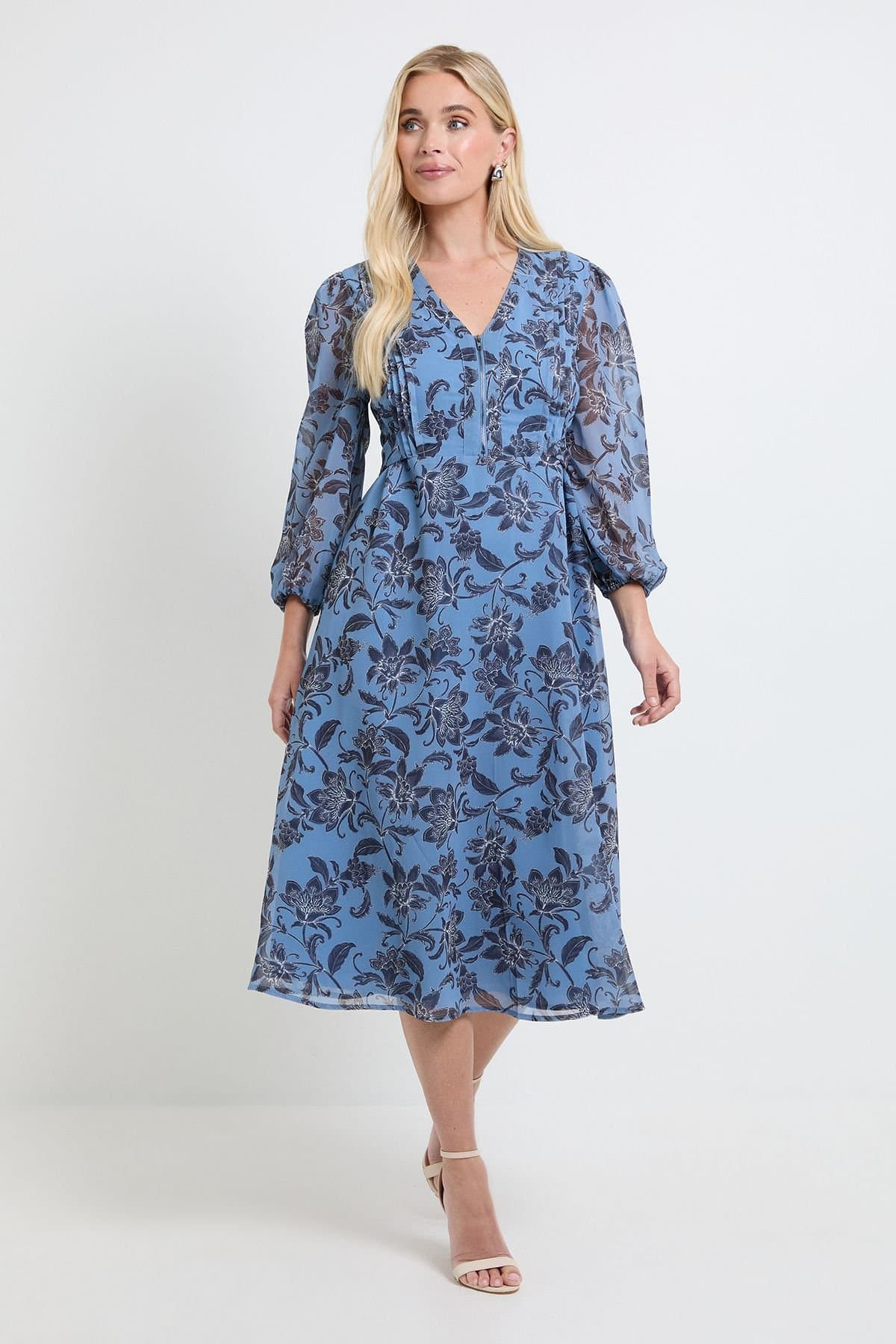 Wallis Wallis Women's Petite Paisley Pintuck Zip Midi Dress in Blue
