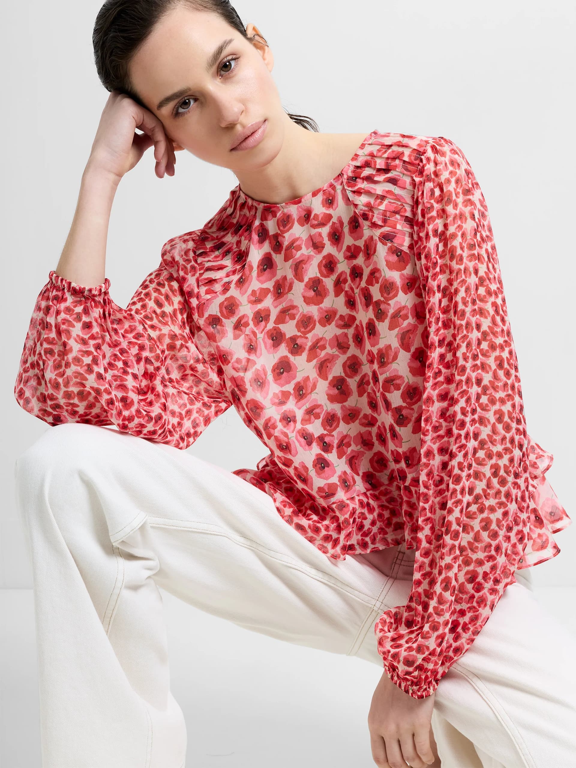 French Connection Poppy Emina Semi-Sheer Puff Sleeve Top Red Multi