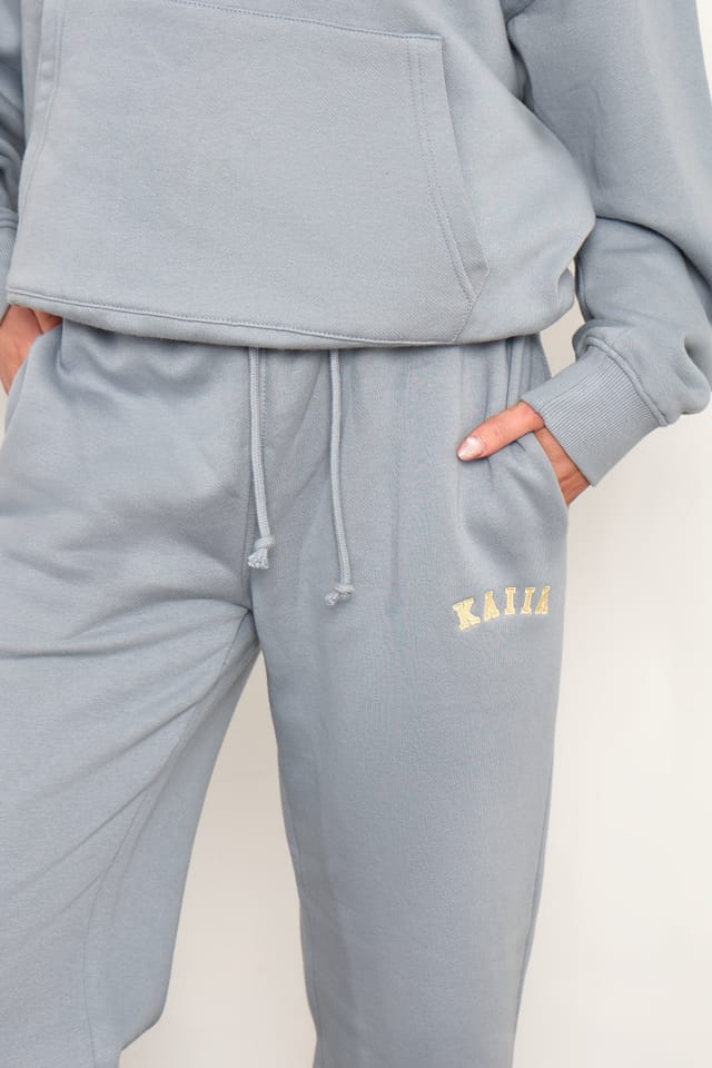 Kaiia Kaiia Slogan Wide Leg Joggers Mist Grey & Yellow - 2