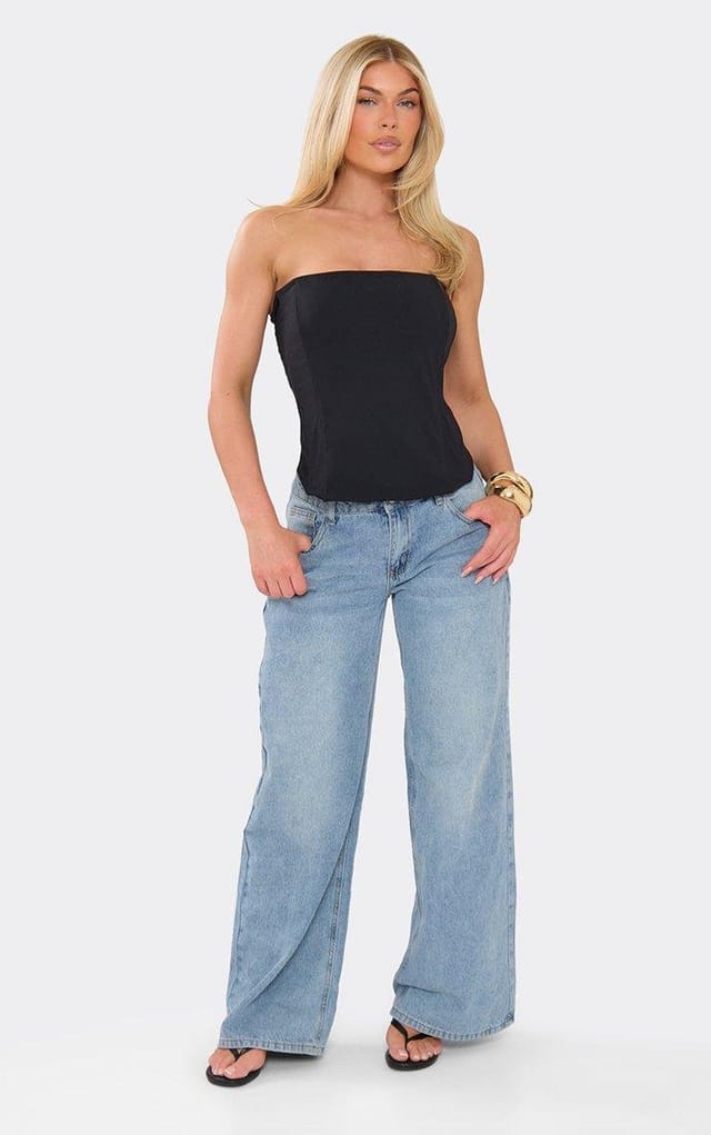 EGO Bandeau Corset Top In Black Stretch Woven, Women's Size UK 6 - 2