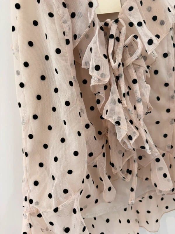 Thirty Thirty Thirty Thirty BNWT cream black polka dot mesh chiffon sheer sleeveless top v neck frill collar