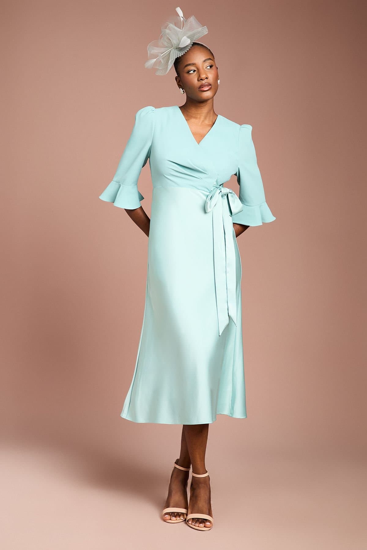 Coast Coast Women's Ruffle Sleeve Satin Back Crepe Wrap Dress in Duck Egg