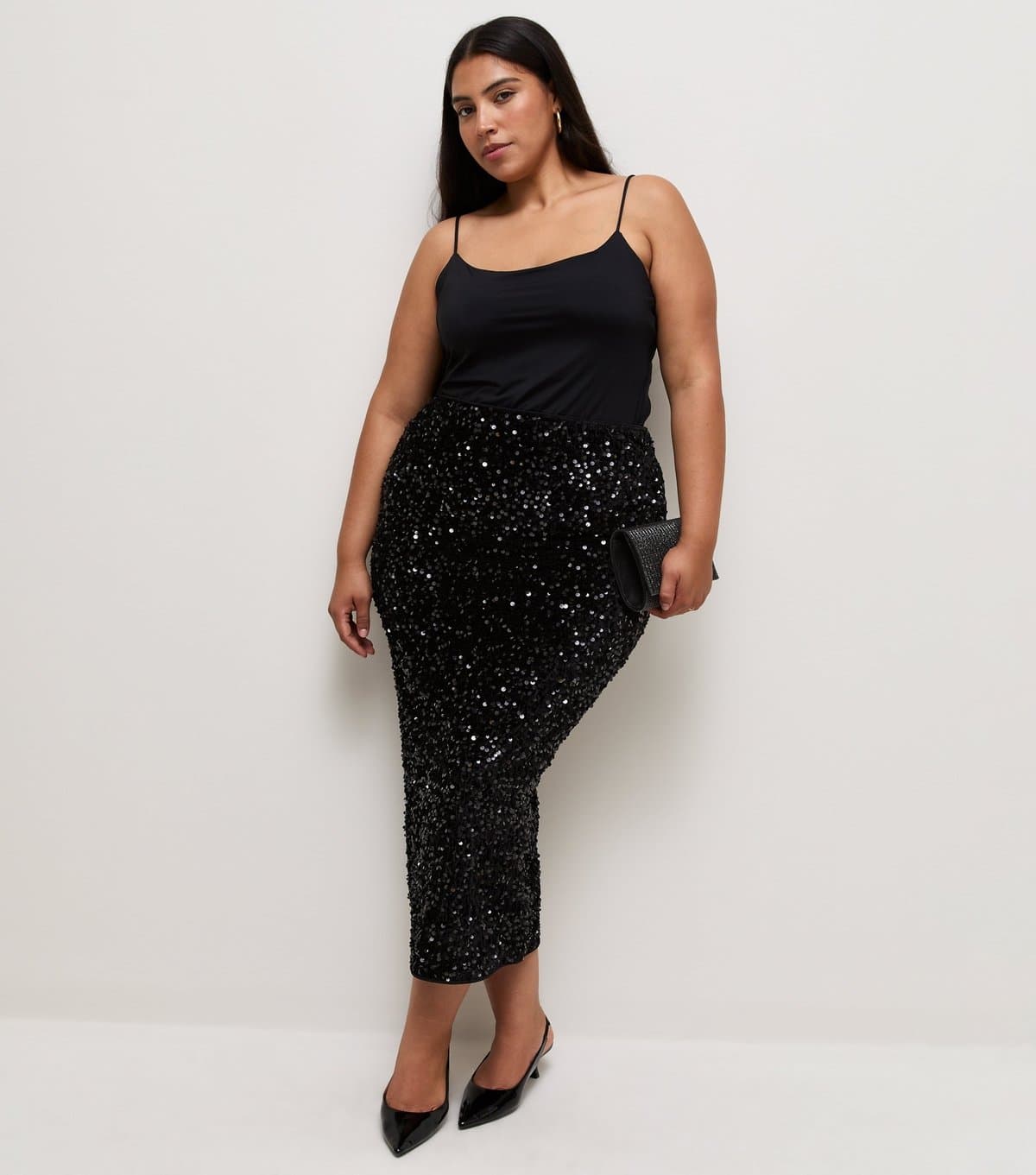 New Look Women's Plus Size Black Velvet Sequin Midi Pencil Skirt Curves New Look