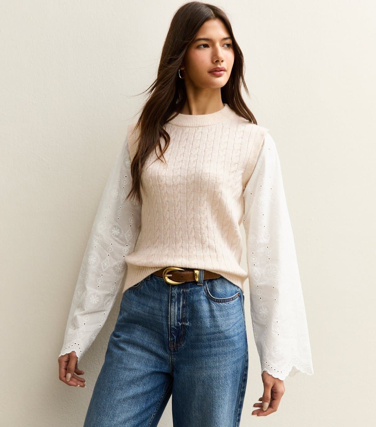 New Look Women's Cream Cable Knit Broderie Anglaise Jumper New Look