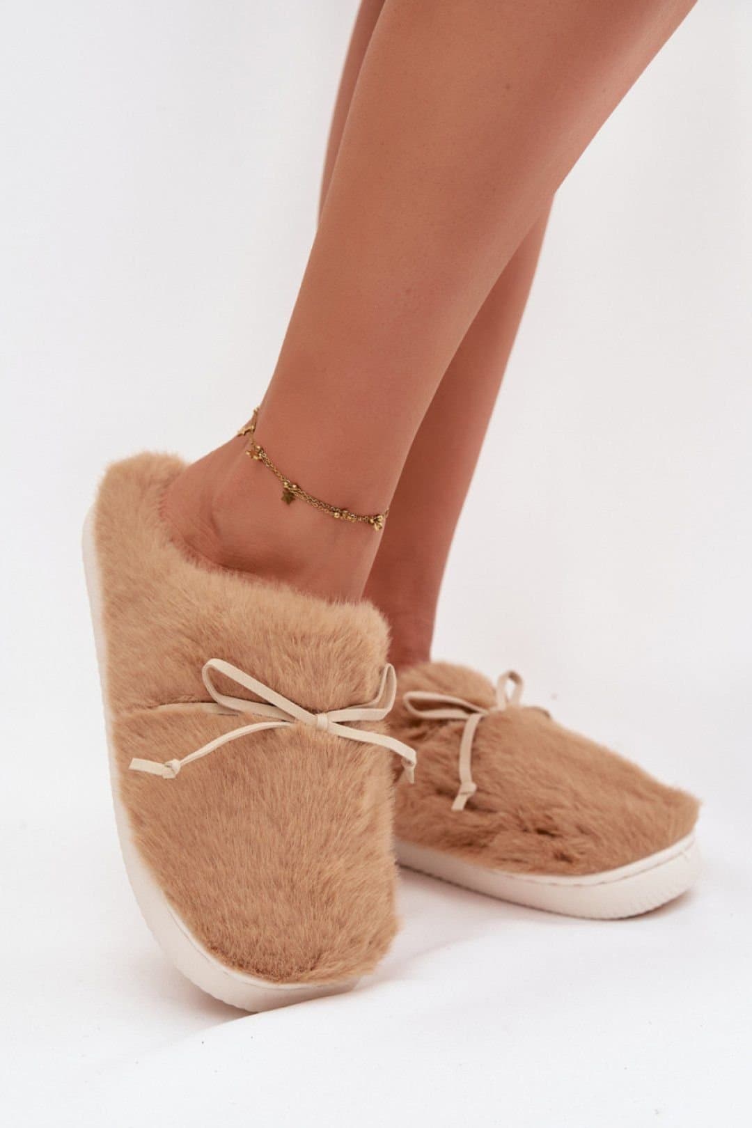 Love Lace Love Lace Women's Fur Bow Front Soft Insole Cozy Step Slippers for Home Wear in Camel