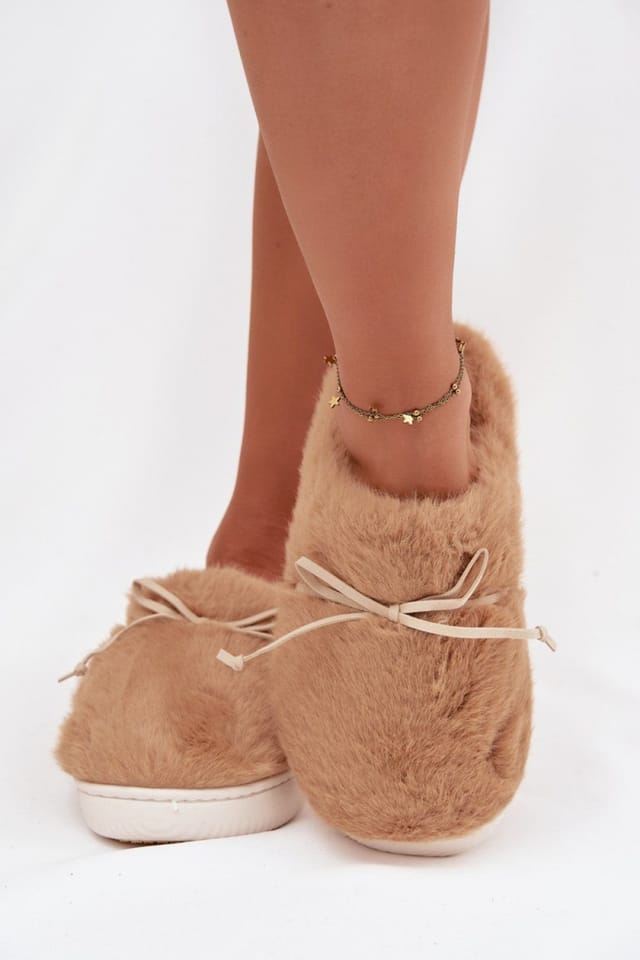 Love Lace Love Lace Women's Fur Bow Front Soft Insole Cozy Step Slippers for Home Wear in Camel - 3