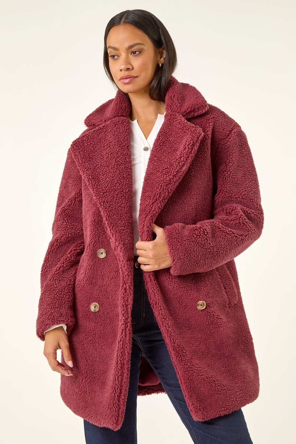Dusk Dusk Women's Oversized Boucle Coat in Burgundy