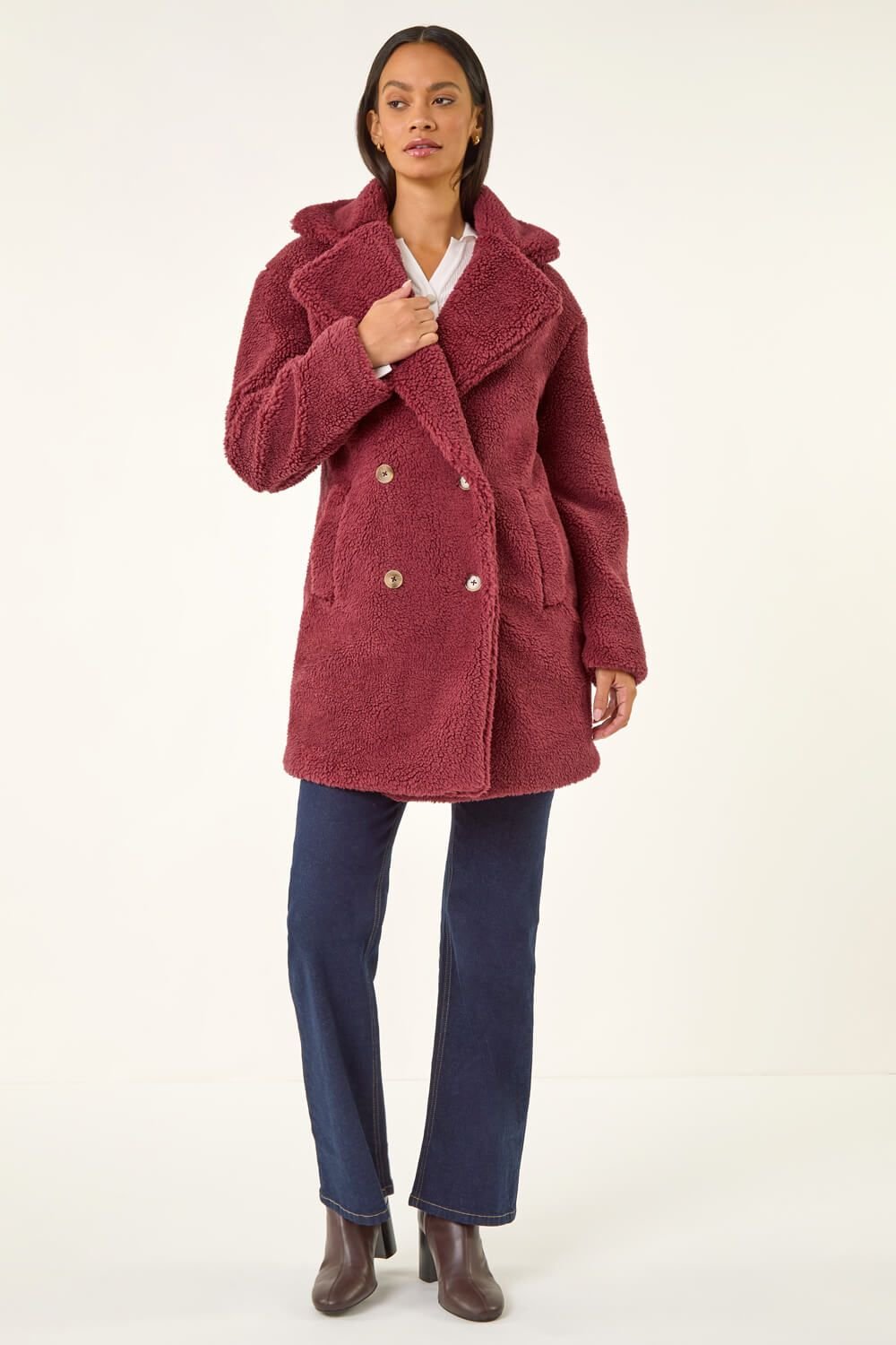 Dusk Dusk Women's Oversized Boucle Coat in Burgundy - 3