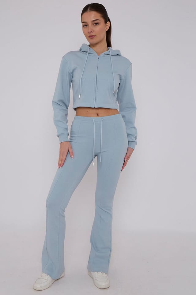 STYLEWISE STYLEWISE Women's Cropped Zip Hoodie & Flared Trouser Set - Interlock - Co-ord Set in Grey - 2