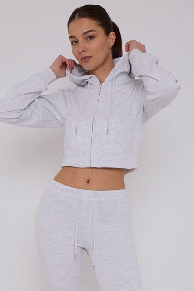 STYLEWISE STYLEWISE Women's Cropped Zip Hoodie & Flared Trouser Set - Interlock - Co-ord Set in Grey - 3