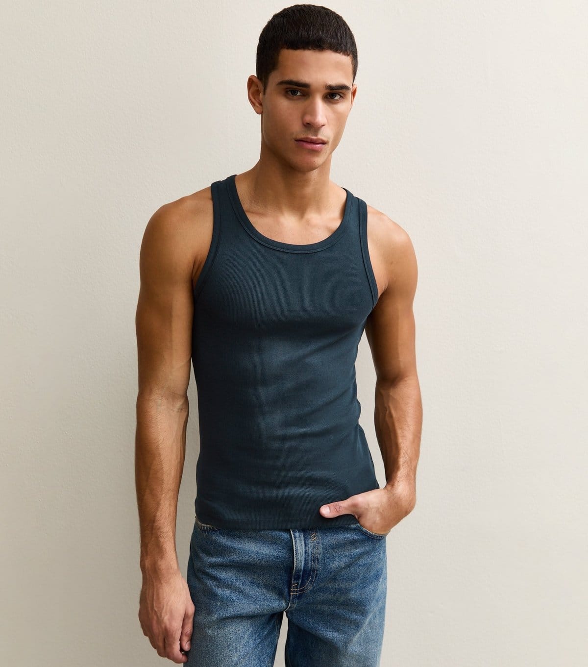 New Look Navy Ribbed Jersey Muscle Fit Vest