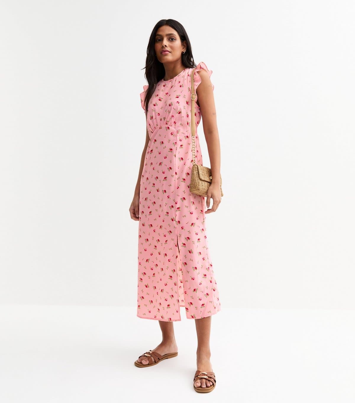 New Look Women's Pink Rose Print Frill Sleeve Midi Dress New Look