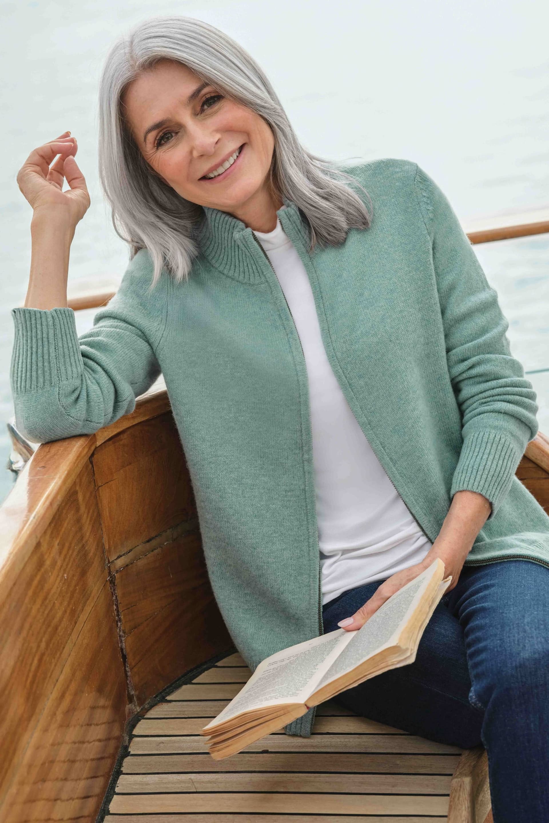 WoolOvers WoolOvers Women's Lambswool Zip Thru Cardigan in Light Green