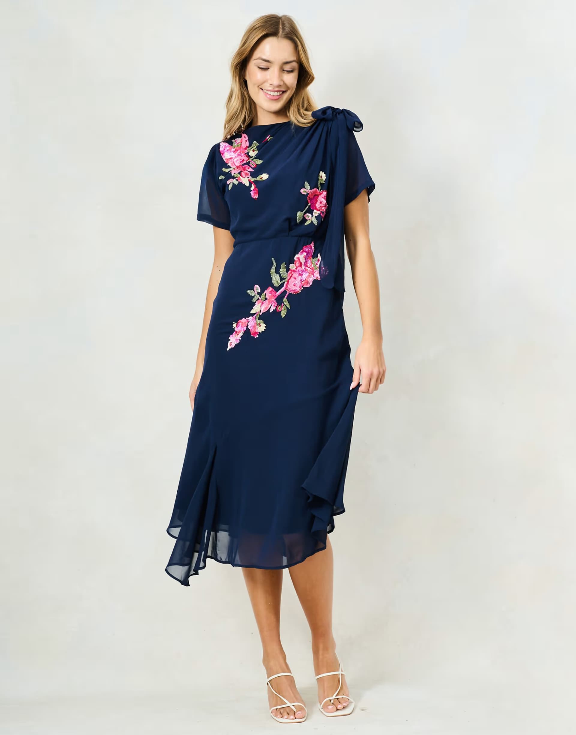 ASOS Hope & Ivy The aubree embellished slash neck midi dress with bow shoulder detail in navy
