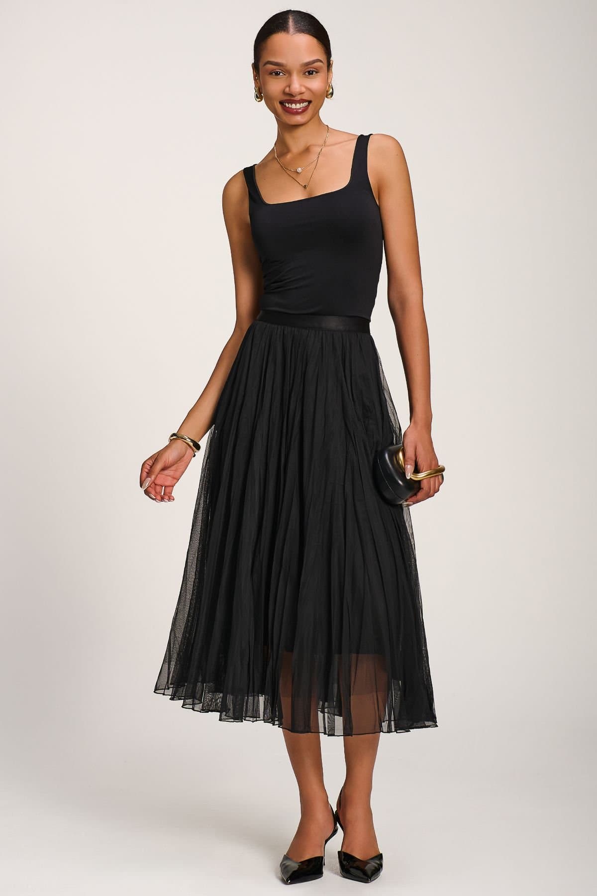 Jolie Moi Jolie Moi Black Satin-Look Crinkle Mesh Midi Skirt