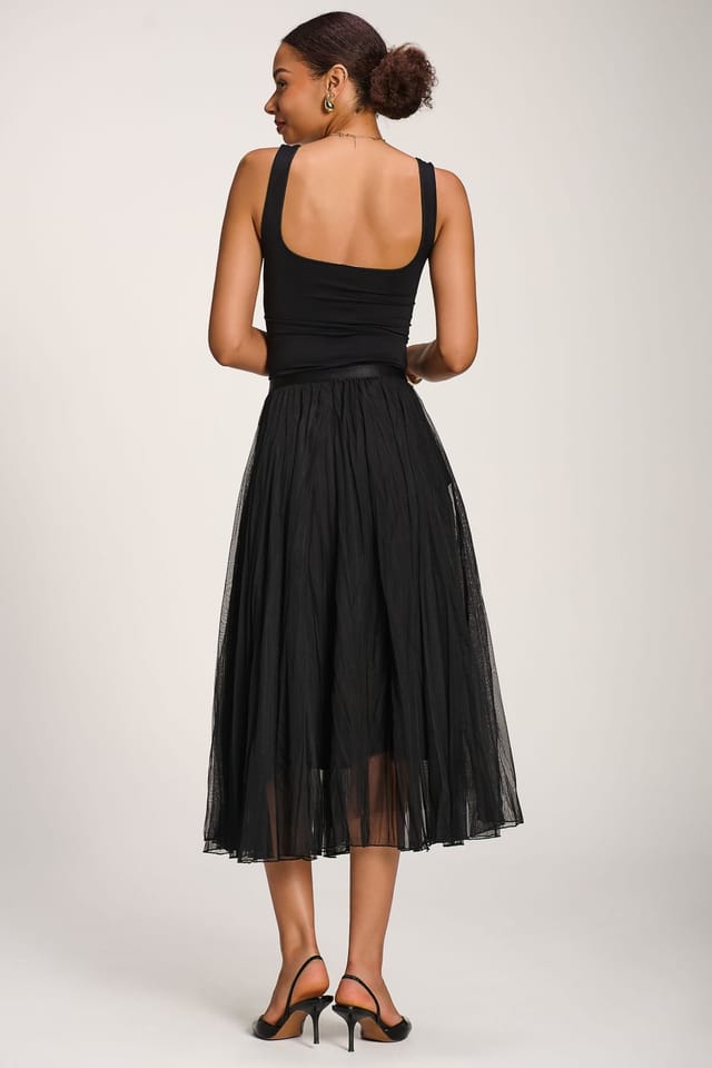 Jolie Moi Jolie Moi Women's Plain Crinkle Mesh Midi Skirt in Black - 2