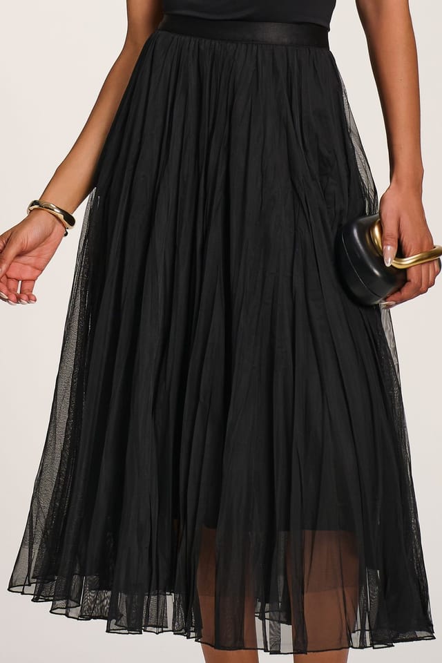 Jolie Moi Jolie Moi Women's Plain Crinkle Mesh Midi Skirt in Black - 3