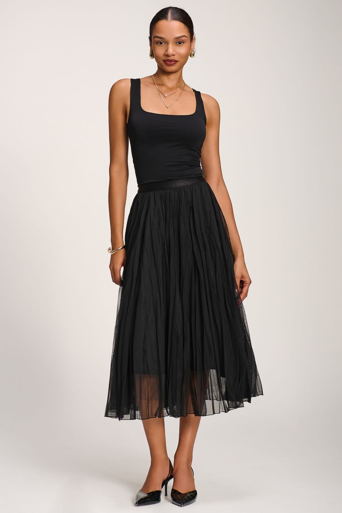 Jolie Moi Jolie Moi Women's Plain Crinkle Mesh Midi Skirt in Black - 4
