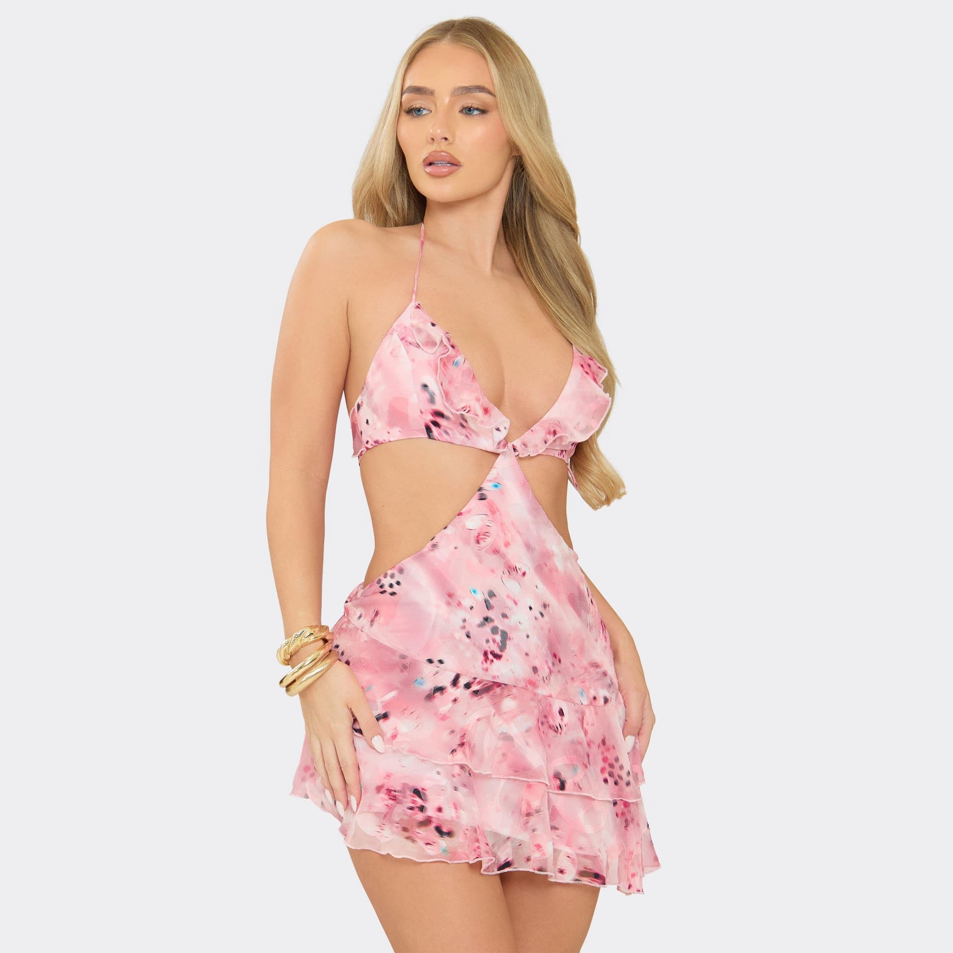 EGO Halterneck Cut Out Frill Mini Dress In Pink Floral, Women's Size UK 6