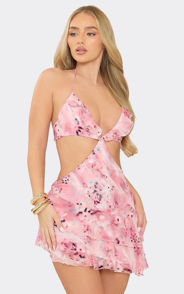 EGO Halterneck Cut Out Frill Mini Dress In Pink Floral, Women's Size UK 6 - 2