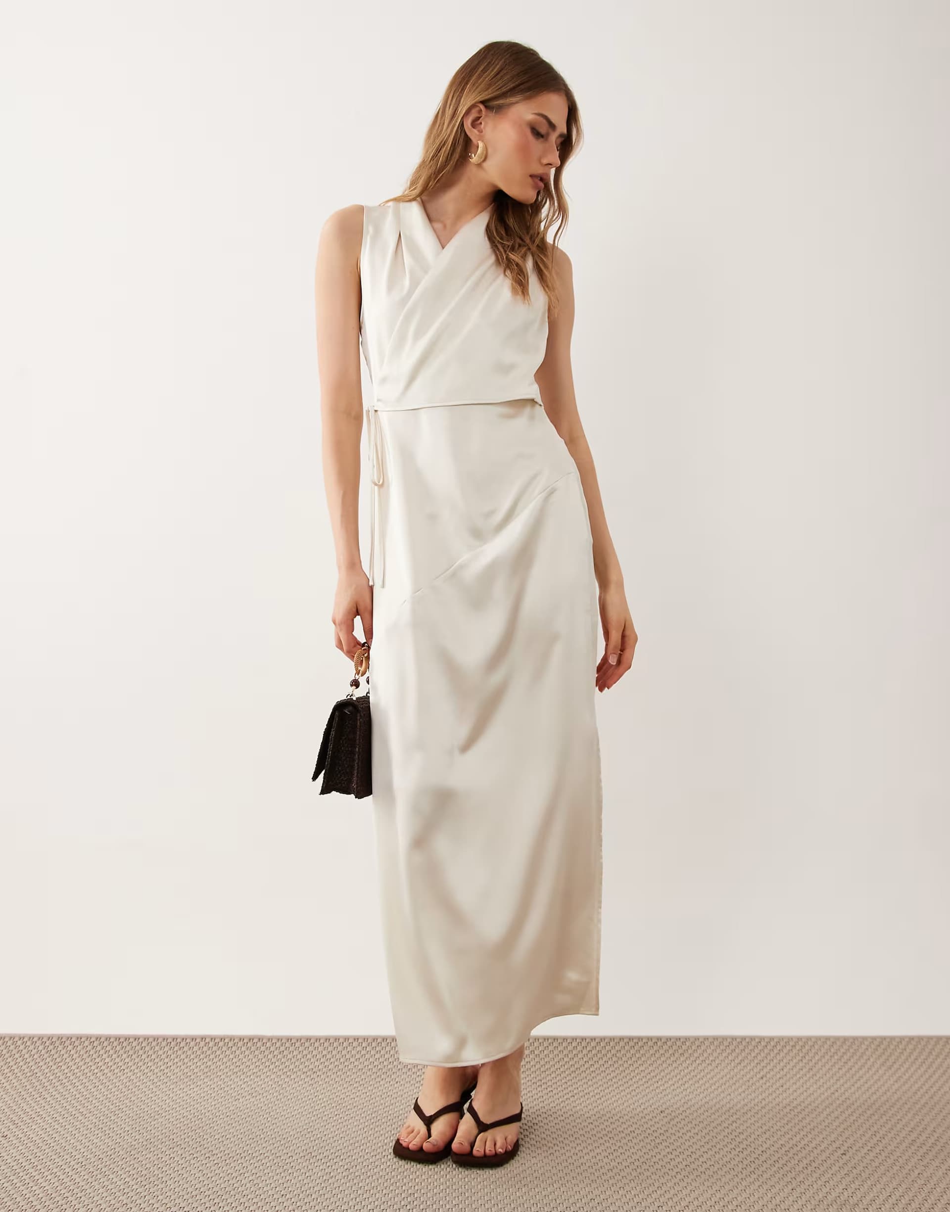 ASOS ASOS DESIGN satin  wrap top midi dress in cream