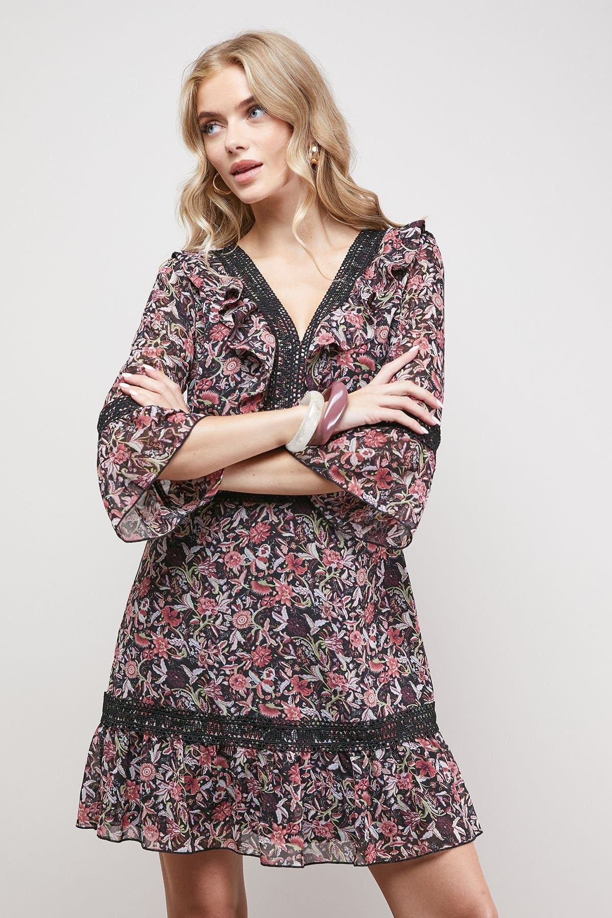 Oasis Oasis Women's Printed Lace Detail V Neck Ruffle Mini Dress