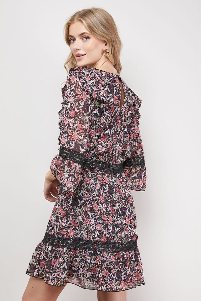 Oasis Oasis Women's Printed Lace Detail V Neck Ruffle Mini Dress - 3