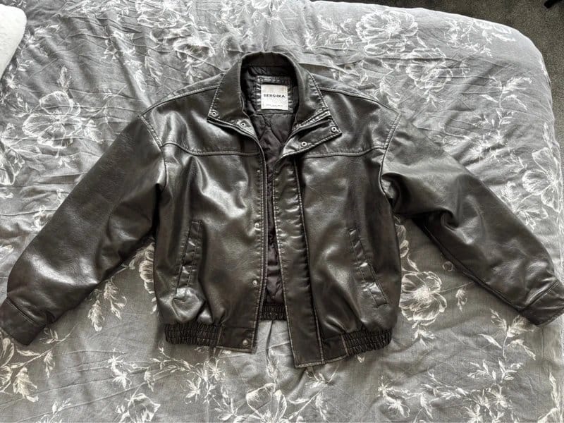 Bershka Grey Faux Leather Bomber Jacket