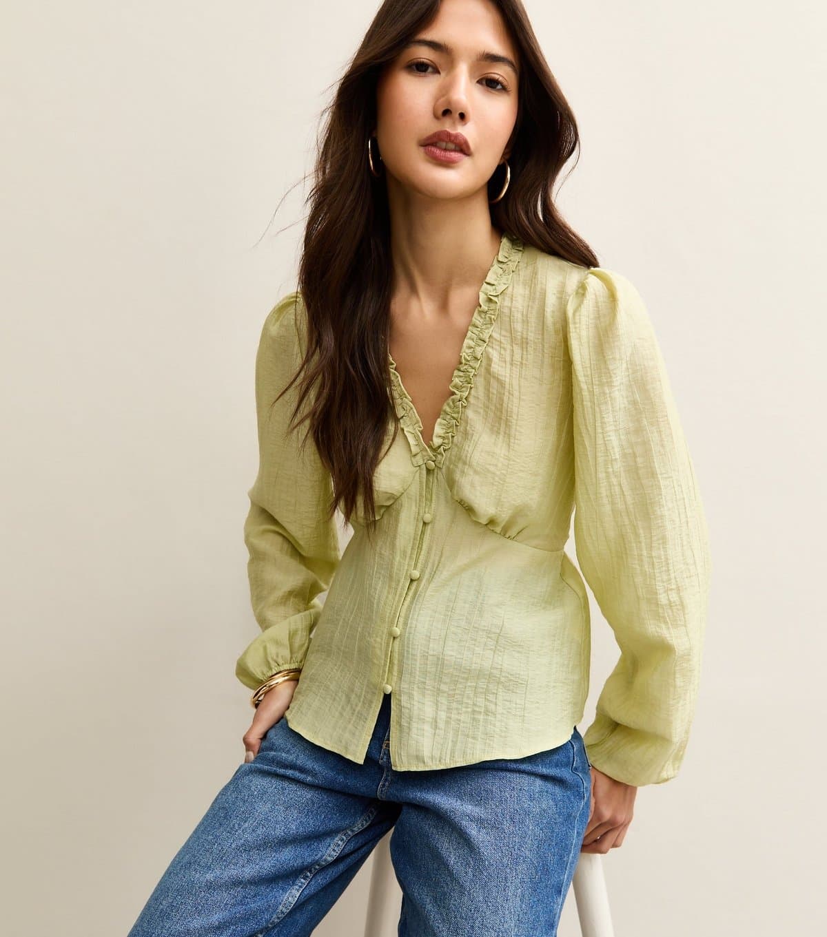 New Look Women's Light Green Crinkled Long Sleeve Tea Blouse New Look