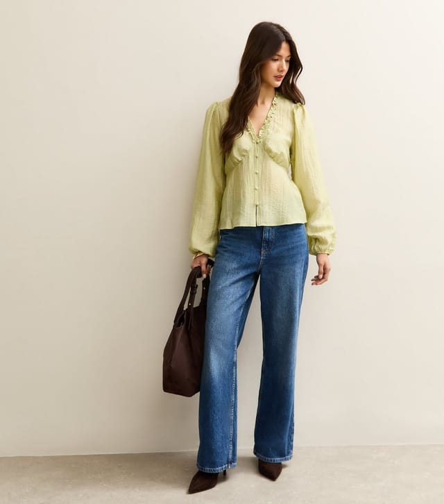 New Look Women's Light Green Crinkled Long Sleeve Tea Blouse New Look - 3