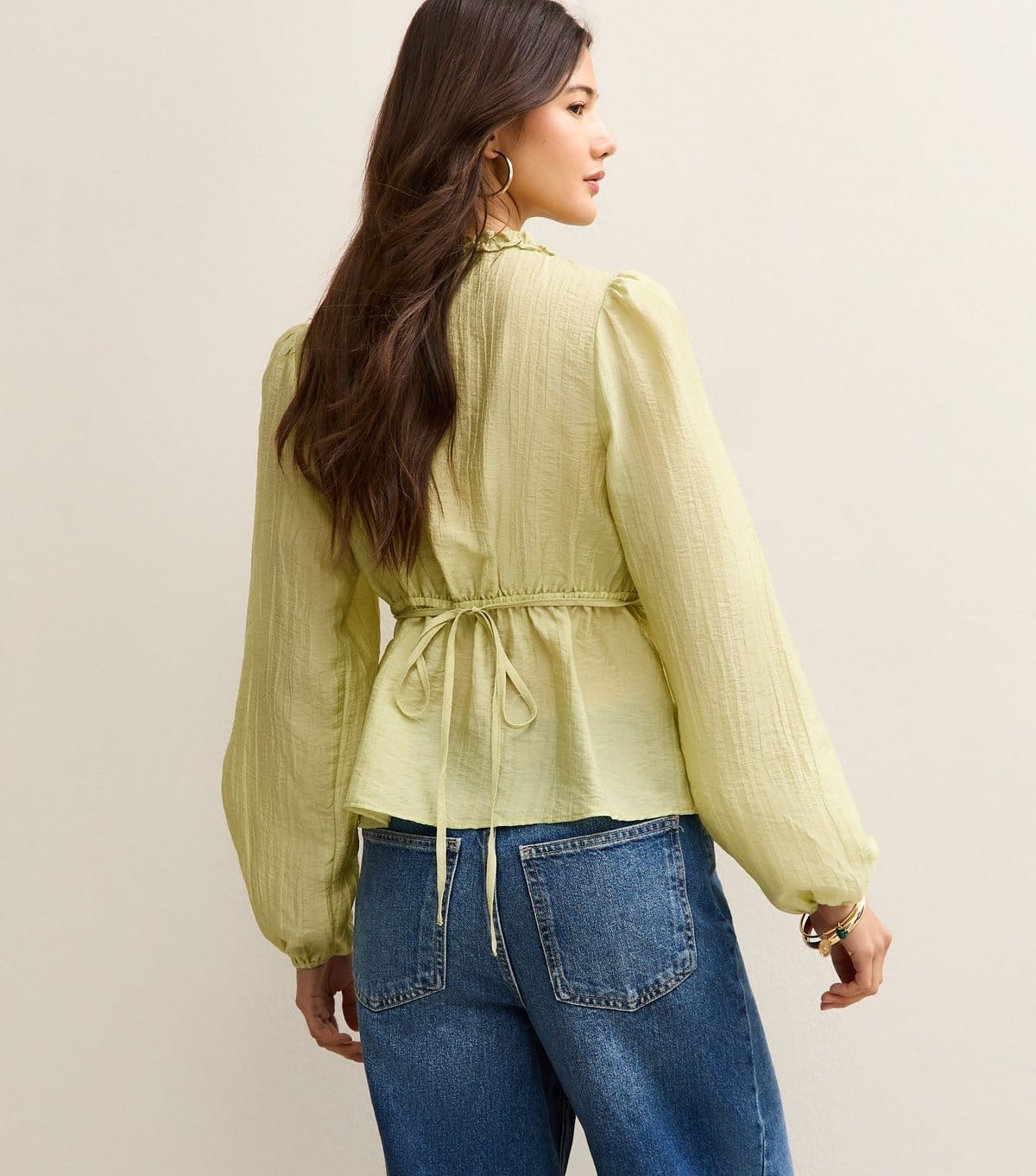New Look Women's Light Green Crinkled Long Sleeve Tea Blouse New Look - 4