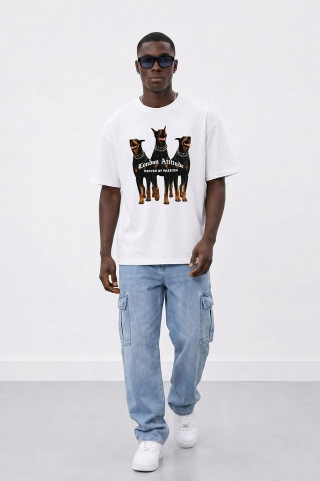 LONDON ATTITUDE LONDON ATTITUDE Men's Original Creators Doberman Oversized Heavyweight White T-Shirt - 3