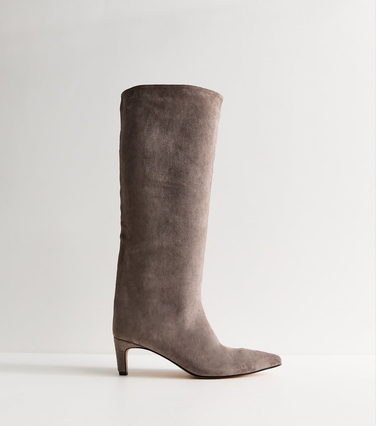 New Look Women's Grey Faux Suede Kitten Heel Knee High Boots Vegan New Look