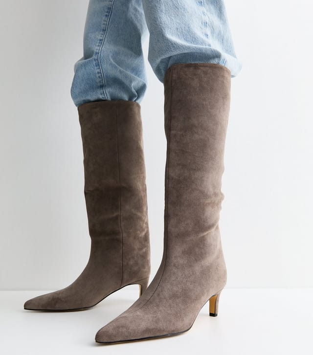 New Look Women's Grey Faux Suede Kitten Heel Knee High Boots Vegan New Look - 2