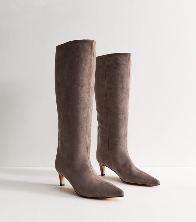 New Look Women's Grey Faux Suede Kitten Heel Knee High Boots Vegan New Look - 3