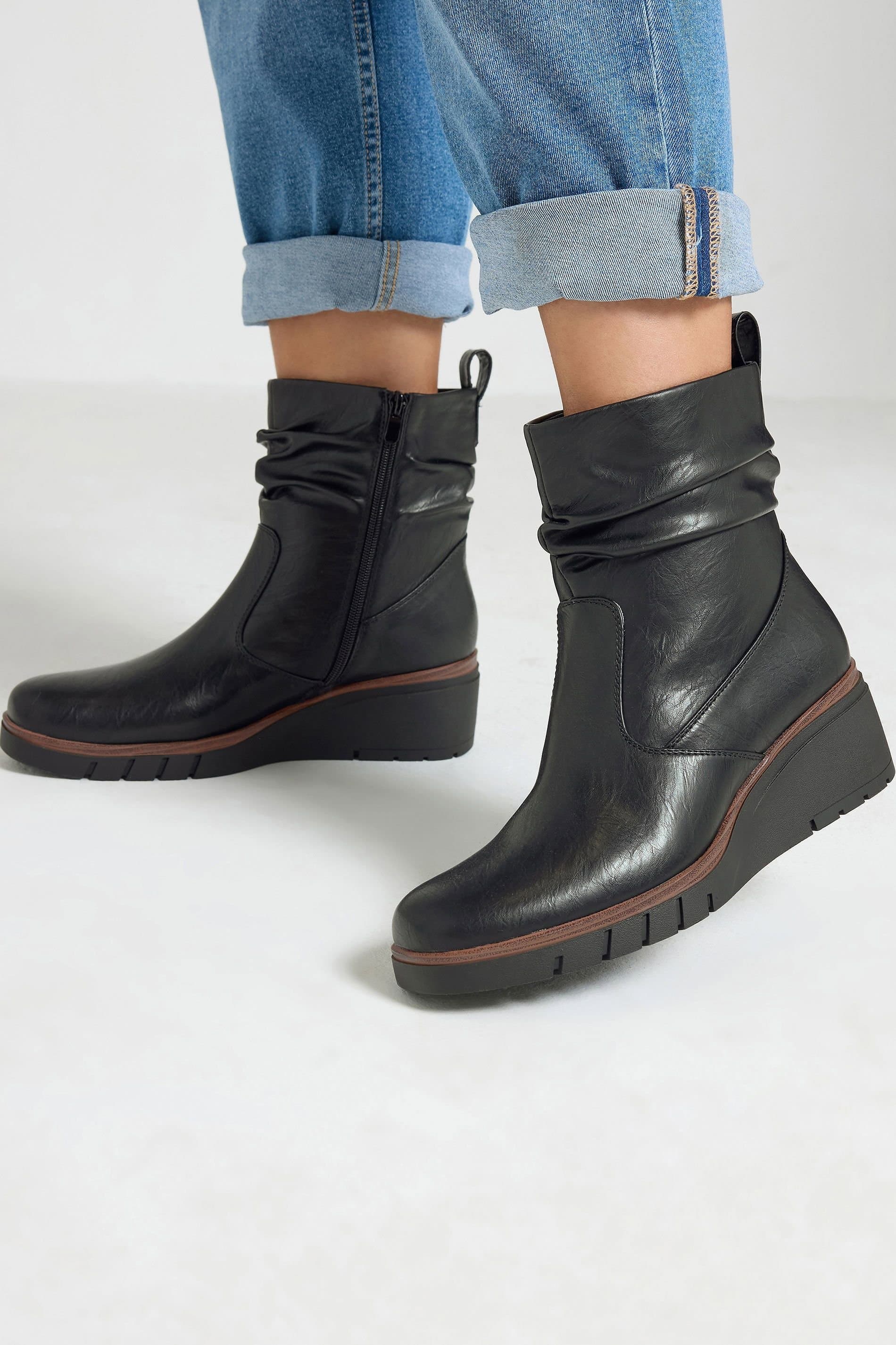 Yours Yours Women's Faux Leather Wedge Boots in Wide E & Extra Wide EEE in Black