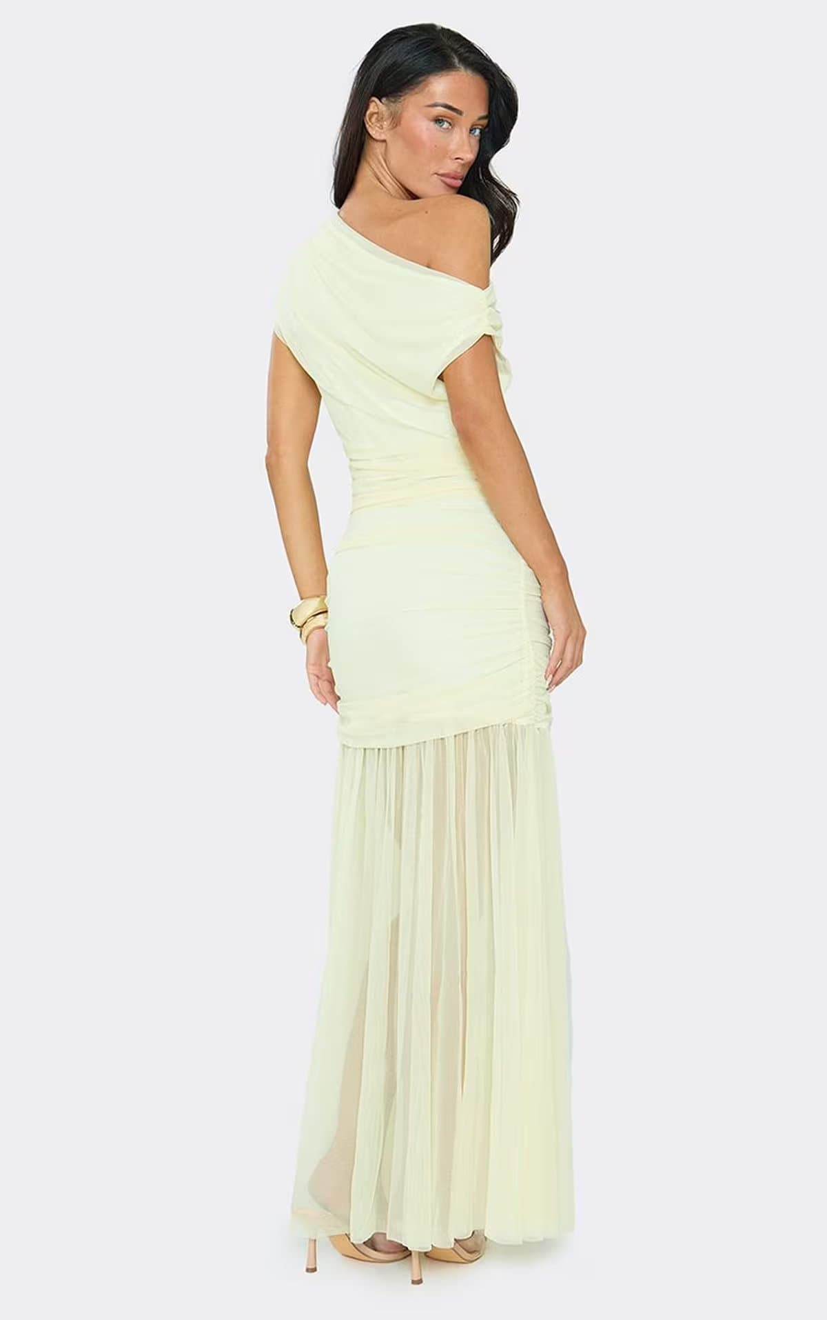 EGO One Shoulder Ruched Maxi Dress In Lemon, Women's Size UK S