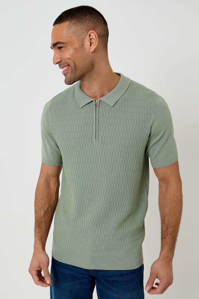 Threadbare threadbare Men's Textured Knit Quarter Zip Polo in Pale Green - 1
