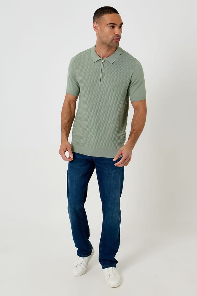 Threadbare threadbare Men's Textured Knit Quarter Zip Polo in Pale Green - 3