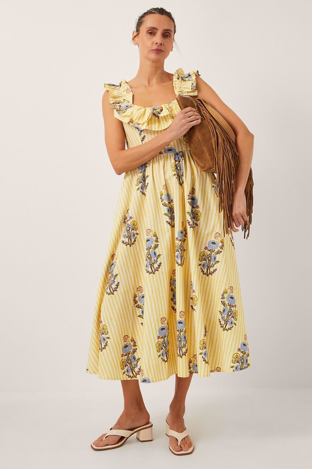 Monsoon Monsoon Women's Maria Frill Floral Stripe Midi Dress in Yellow